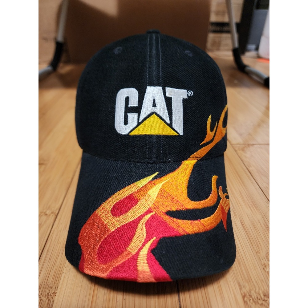 CAT Caterpillar Logo Flames Baseball Hat Cap Embroidered Adjustable Strap Black